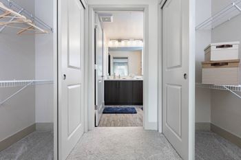 A master bedroom with a closet and a bathroom with a sink